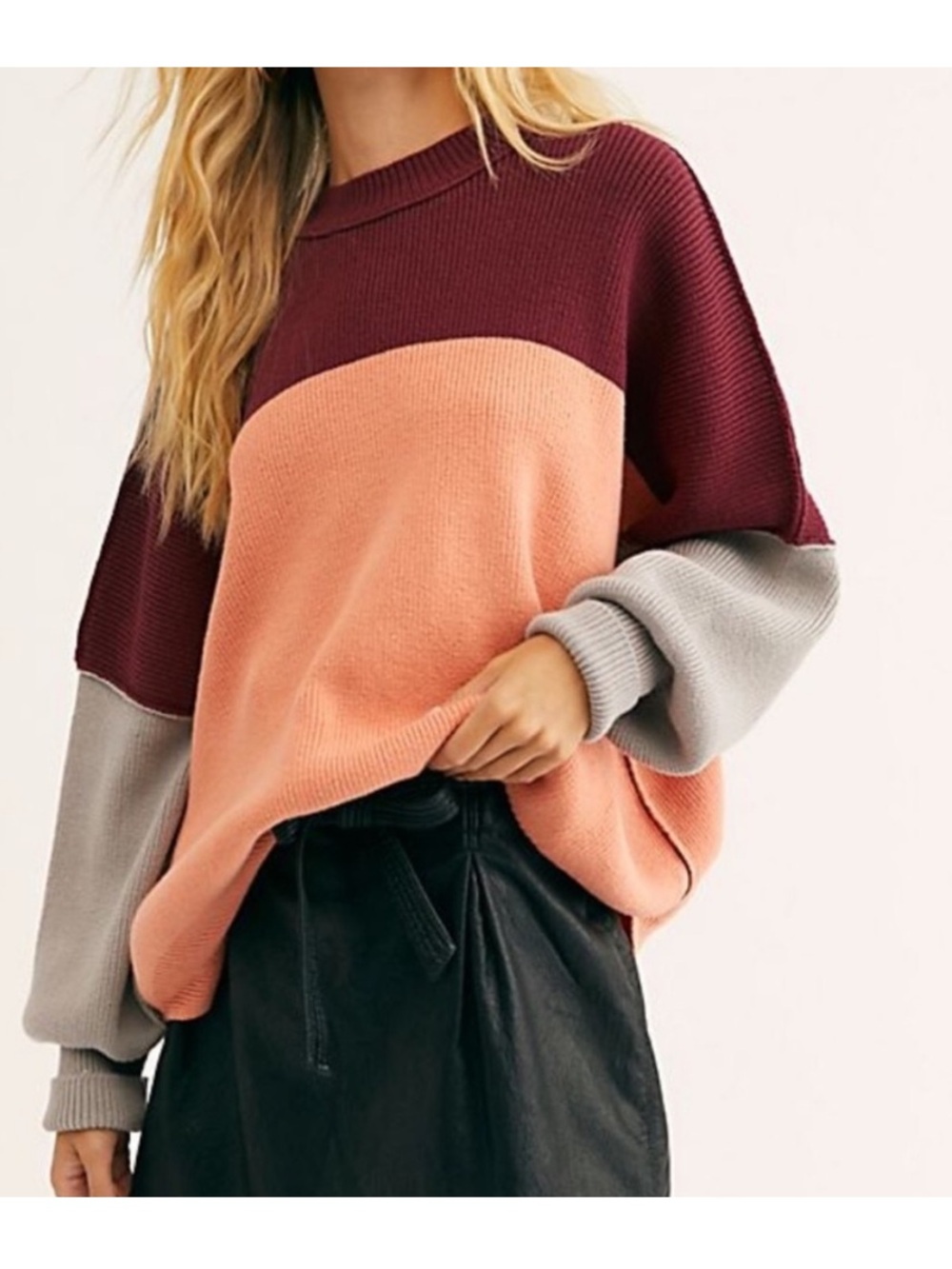 Free People Easy Street Oversized Sweater Color Block Peach Combo